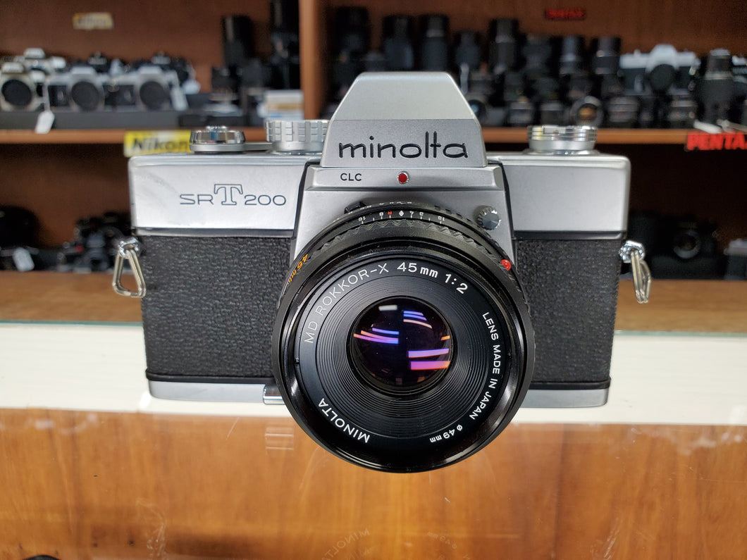Minolta SRT200 CLC, 35mm SLR Film Camera w/ 45mm F2 Lens, Professional CLA, Canada - Paramount Camera & Repair