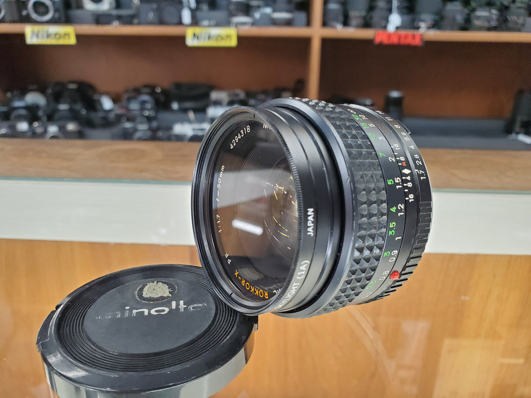 Minolta Rokkor-X 50mm 1.7 MC PF Film Portrait lens, Cleaned, Canada - Paramount Camera & Repair