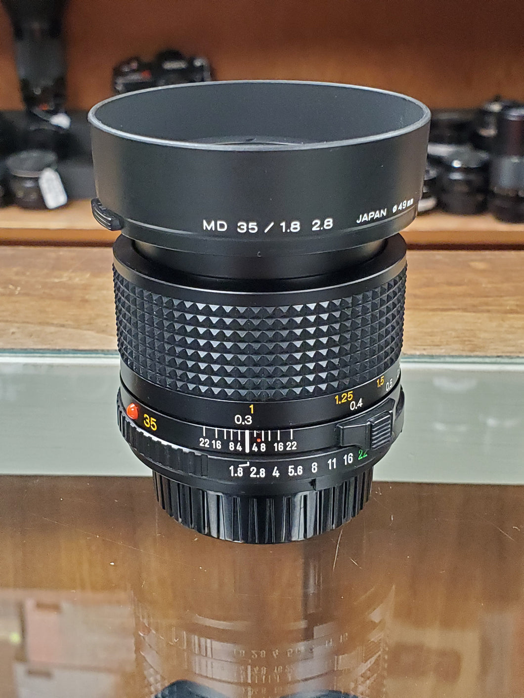 Rare Mint Minolta MD 35mm f1.8 Wide Angle lens with Hood, CLAd, Canada - Paramount Camera & Repair