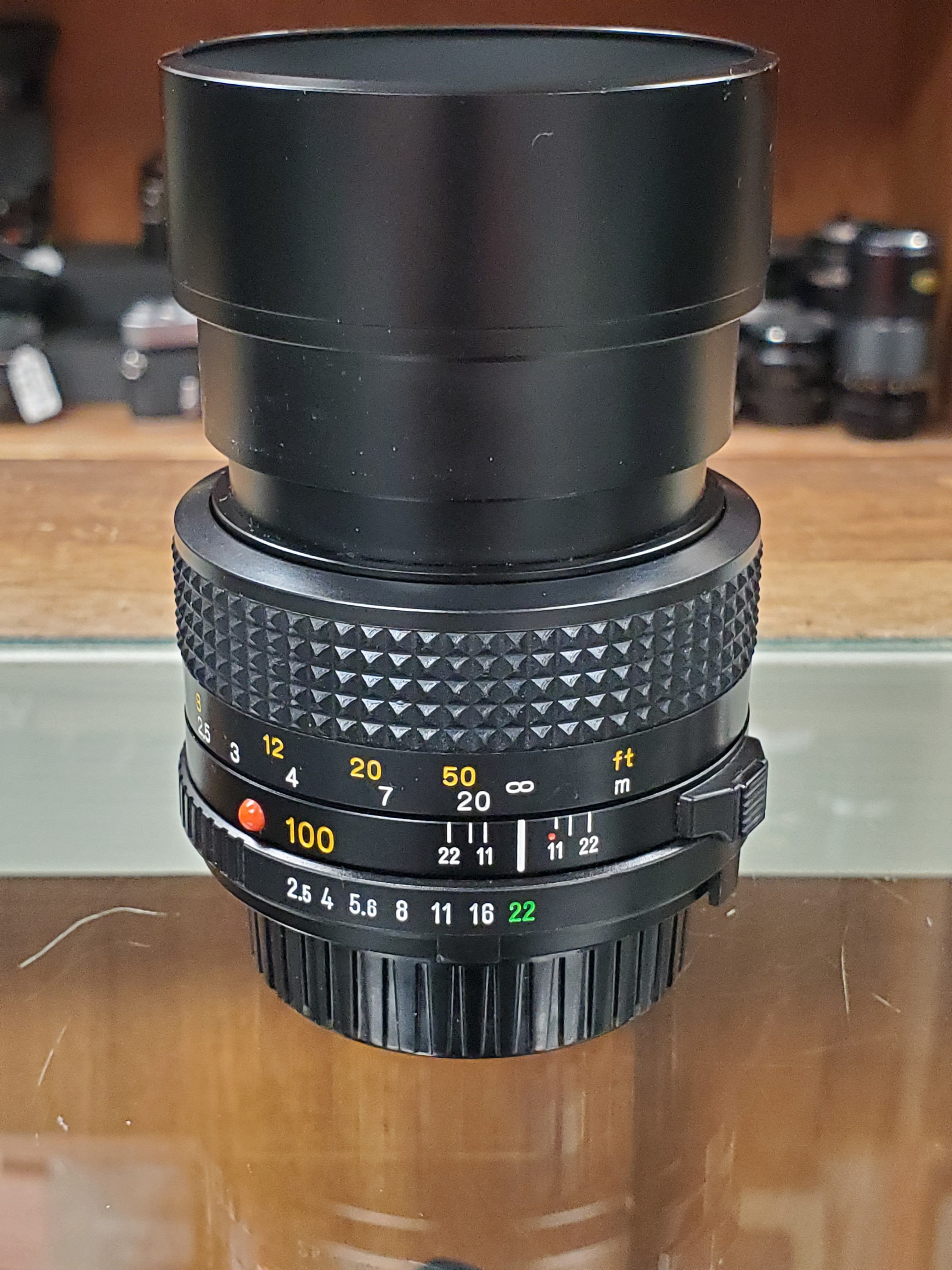 Rare Mint Minolta MD 100mm f2.5 lens with Hood, CLAd, Canada