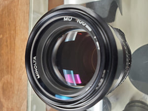 Rare Mint Minolta MD 100mm f2.5 lens with Hood, CLAd, Canada - Paramount Camera & Repair