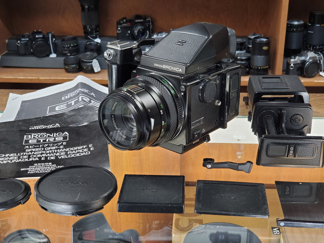 MINT Bronica ETRS Medium Format w/ Zenza 75mm F2.8 Lens, AE II Prism Finder, CLA, Grip - Paramount Camera & Repair