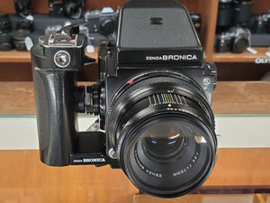 MINT Bronica ETRS Medium Format w/ Zenza 75mm F2.8 Lens, AE II Prism Finder, CLA, Grip - Paramount Camera & Repair