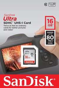Sandisk 16GB Ultra UHS-I Class 10 SDXC Memory SD Card - Read:80mb/s-Write:30mb/s - Paramount Camera & Repair